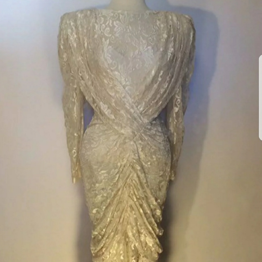 Elegant Cream Lace Midi Dress with Draped Detail